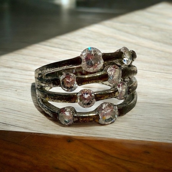 Silver Toned Rhinestone Multi Band Ring
